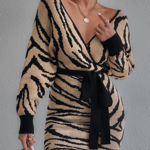 Apricot Preppy Womens Zebra Striped Pattern Batwing Sleeve Belted Sweater Dress - Picture 2 of 5